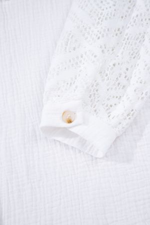 White Button-Up Shirt with Lace Sleeves, 100% Cotton