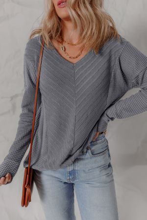 Gray Textured Top with V-Neck and Back Cutout