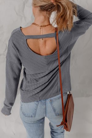 Gray Textured Top with V-Neck and Back Cutout