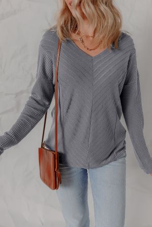 Gray Textured Top with V-Neck and Back Cutout