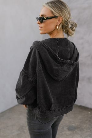 Black Oversized Hooded Denim Jacket with Front Pockets