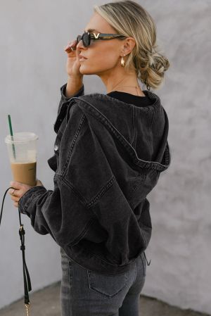 Black Oversized Hooded Denim Jacket with Front Pockets