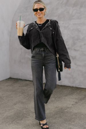 Black Oversized Hooded Denim Jacket with Front Pockets