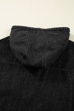 Black Oversized Hooded Denim Jacket with Front Pockets