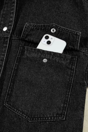 Black Oversized Hooded Denim Jacket with Front Pockets