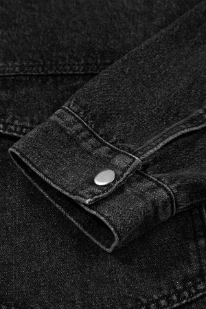 Black Oversized Hooded Denim Jacket with Front Pockets