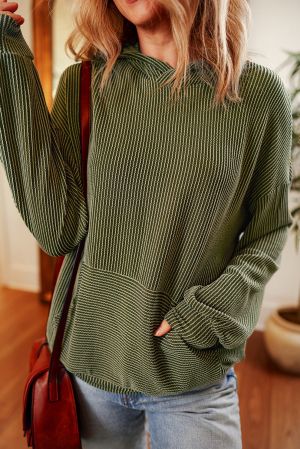 Jungle Green Twisted Rib Texture Solid Hoodie