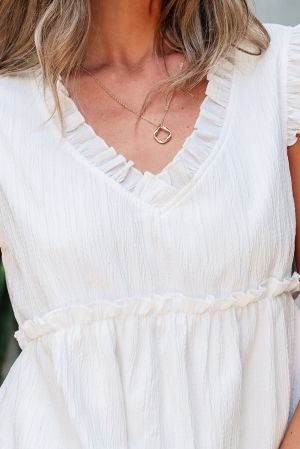White Textured Ruffled Trim V Neck Flutter Flowy Top