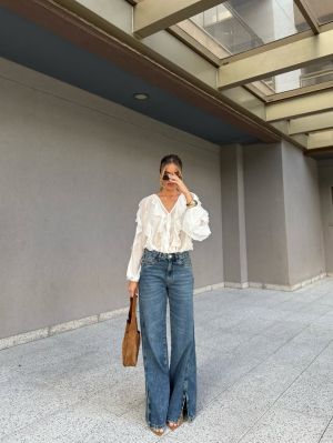 White Chiffon Ruffle Button-Up Blouse