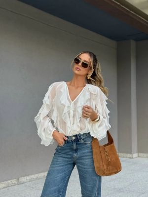 White Chiffon Ruffle Button-Up Blouse