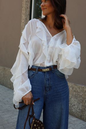 White Chiffon Ruffle Button-Up Blouse