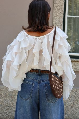 White Chiffon Ruffle Button-Up Blouse