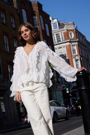 White Chiffon Ruffle Button-Up Blouse