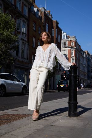 White Chiffon Ruffle Button-Up Blouse
