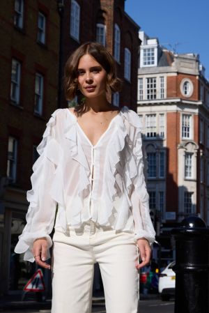 White Chiffon Ruffle Button-Up Blouse