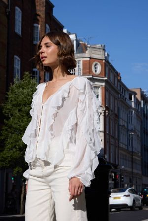 White Chiffon Ruffle Button-Up Blouse