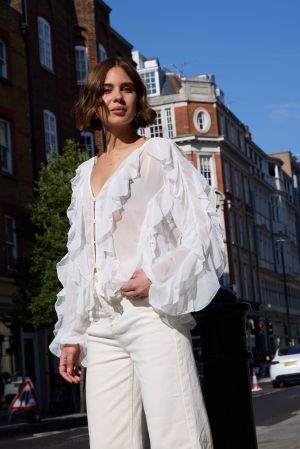 White Chiffon Ruffle Button-Up Blouse