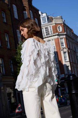 White Chiffon Ruffle Button-Up Blouse