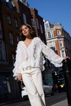 White Chiffon Ruffle Button-Up Blouse