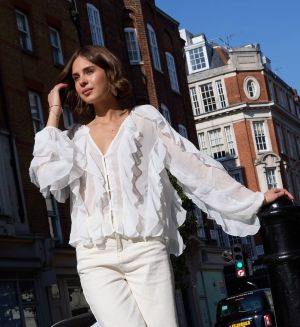 White Chiffon Ruffle Button-Up Blouse