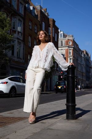 White Chiffon Ruffle Button-Up Blouse