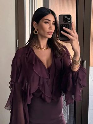 Wine Red Chiffon Ruffle Button-Up Blouse