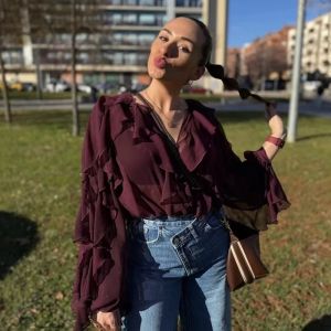 Wine Red Chiffon Ruffle Button-Up Blouse