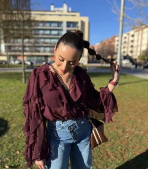 Wine Red Chiffon Ruffle Button-Up Blouse