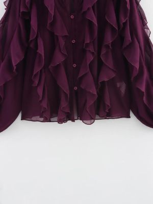 Wine Red Chiffon Ruffle Button-Up Blouse