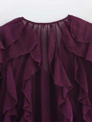 Wine Red Chiffon Ruffle Button-Up Blouse