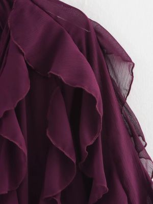 Wine Red Chiffon Ruffle Button-Up Blouse