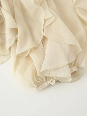 Beige Chiffon Ruffle Button-Up Blouse