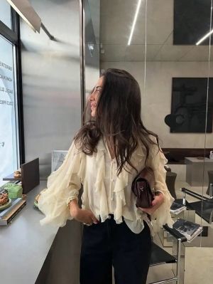 Beige Chiffon Ruffle Button-Up Blouse