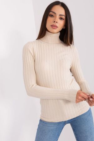 Beige Ribbed Turtleneck Sweater for Women