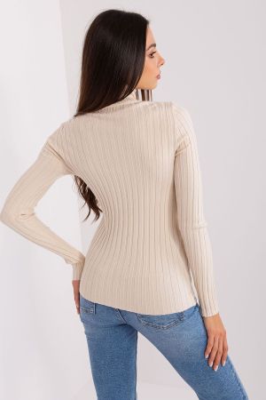 Beige Ribbed Turtleneck Sweater for Women