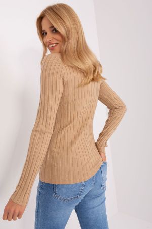 Beige Ribbed Turtleneck Sweater for Women