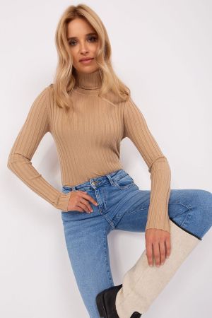 Beige Ribbed Turtleneck Sweater for Women