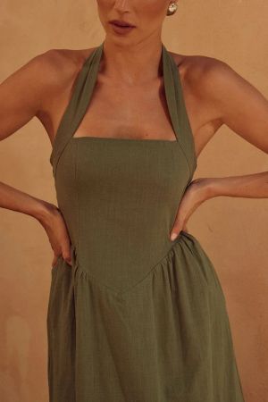 Green Halter Neck Dress with Flowy Skirt