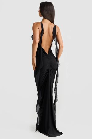 Black Open-Back Maxi Dress with Thin Straps and Ruffle Detail