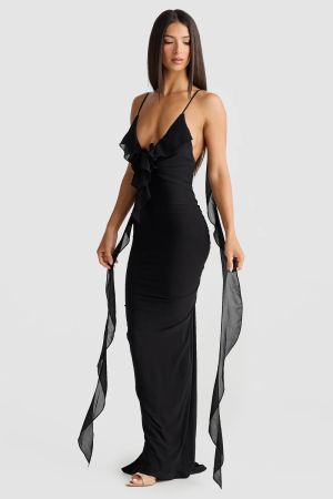 Black Open-Back Maxi Dress with Thin Straps and Ruffle Detail