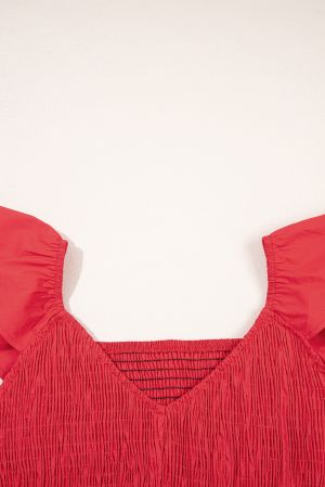 Fiery Red V Neck Flutter Sleeve Smocked Bodice High Waist Ruffle Maxi Dress