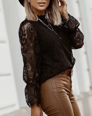 Elegant Black Lace Blouse with Long Sleeves and High Neck