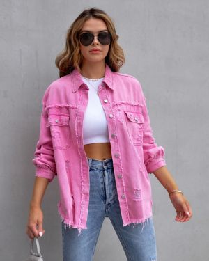 Pink Distressed Denim Jacket with Raw Hem