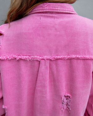 Pink Distressed Denim Jacket with Raw Hem