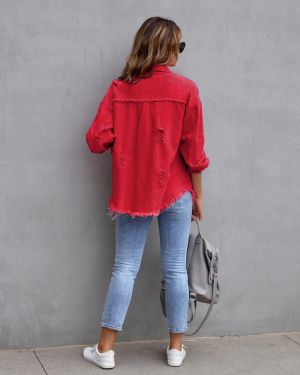 Red Distressed Denim Jacket with Raw Hem