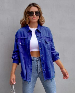 Blue Distressed Denim Jacket with Raw Hem