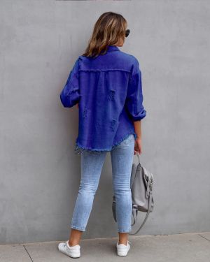 Blue Distressed Denim Jacket with Raw Hem