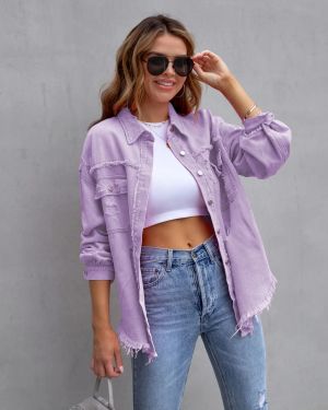 Light Purple Distressed Denim Jacket with Raw Hem