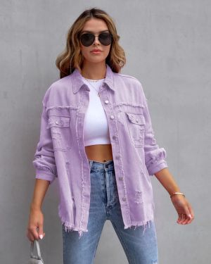 Light Purple Distressed Denim Jacket with Raw Hem