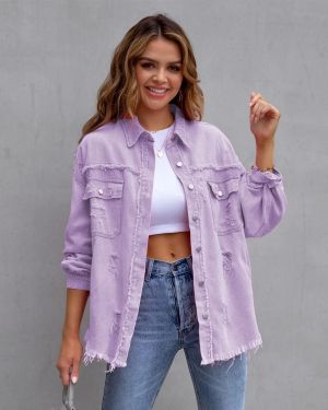 Light Purple Distressed Denim Jacket with Raw Hem